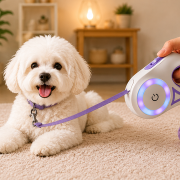 White dog on a carpet with a handheld device and ball in a living room setting