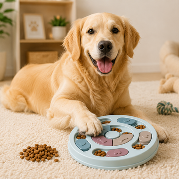 Dog playing with a puzzle toy on a carpeted floor.