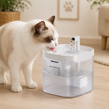 Cat drinking from a pet water fountain in a home setting