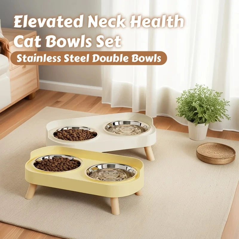 Elevated Double Pet Bowl Feeder | Raised Stainless Steel Bowls with Neck Support for Dogs & Cats