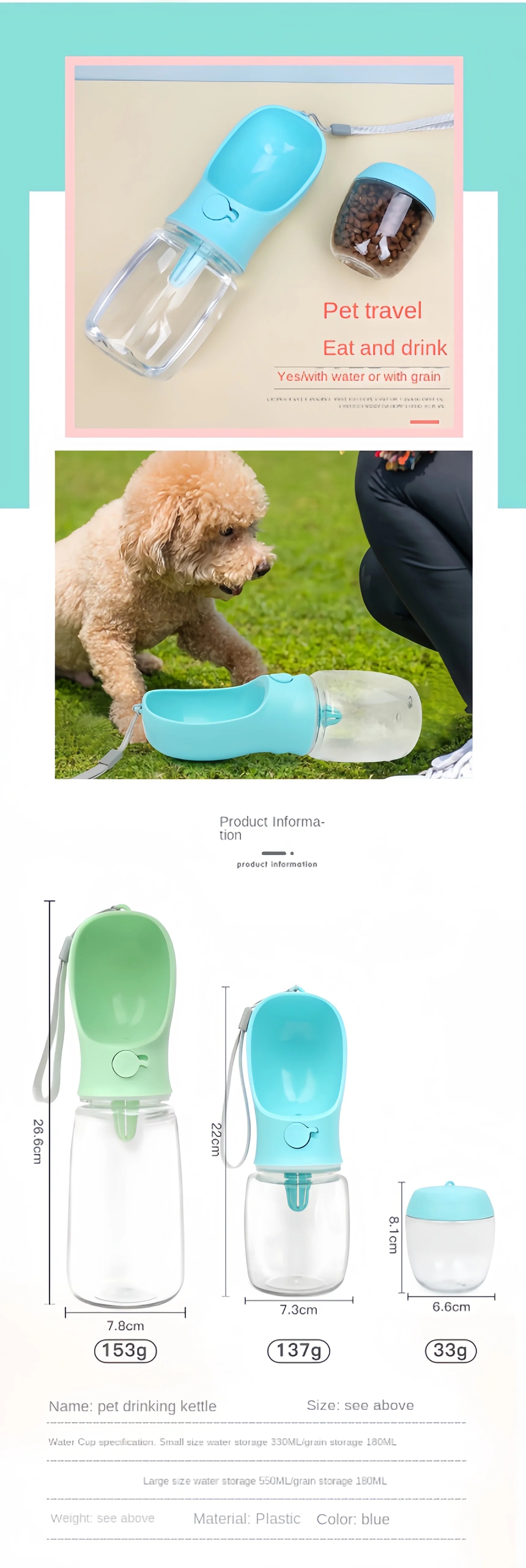 Portable Pet Water & Food Bottle for Travel | 2-in-1 Leak-Proof Dispenser for Dogs & Cats