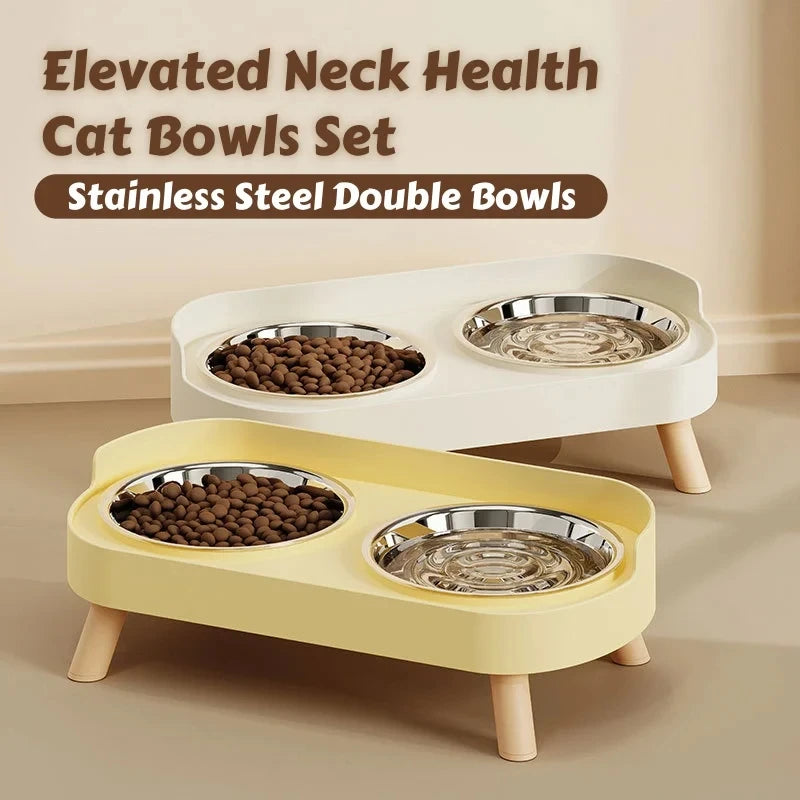 Elevated Double Pet Bowl Feeder | Raised Stainless Steel Bowls with Neck Support for Dogs & Cats