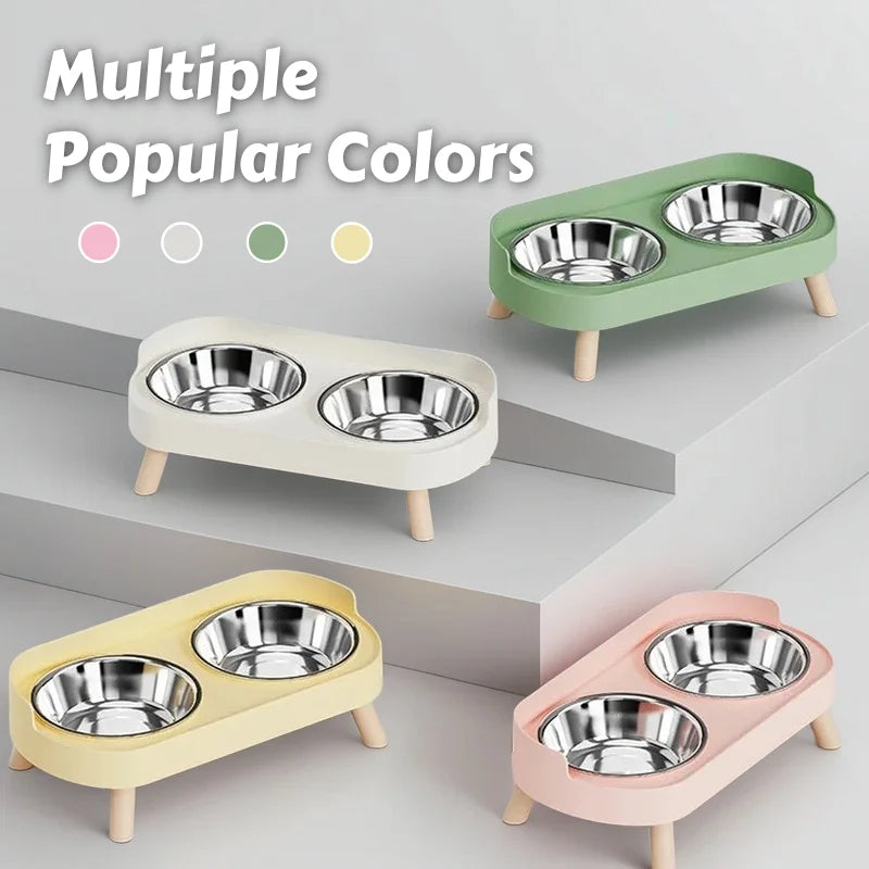 Elevated Double Pet Bowl Feeder | Raised Stainless Steel Bowls with Neck Support for Dogs & Cats