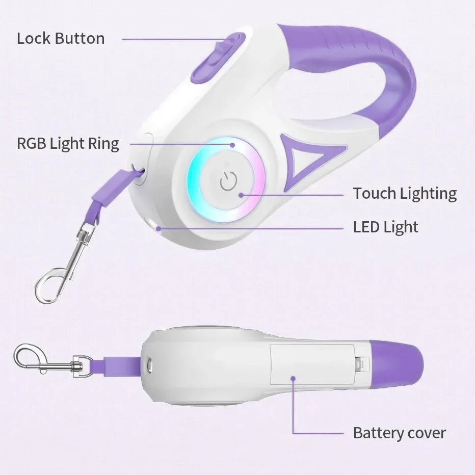 LED Retractable Dog Leash with Built-In Safety Light | Night Walk Leash for Dogs & Cats