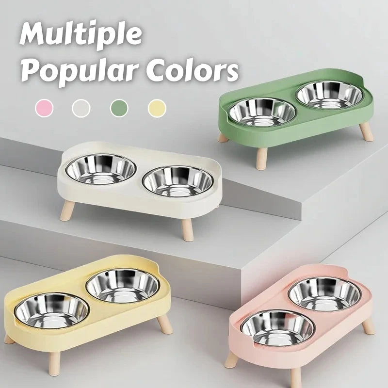 Elevated Double Pet Bowl Feeder | Raised Stainless Steel Bowls with Neck Support for Dogs & Cats