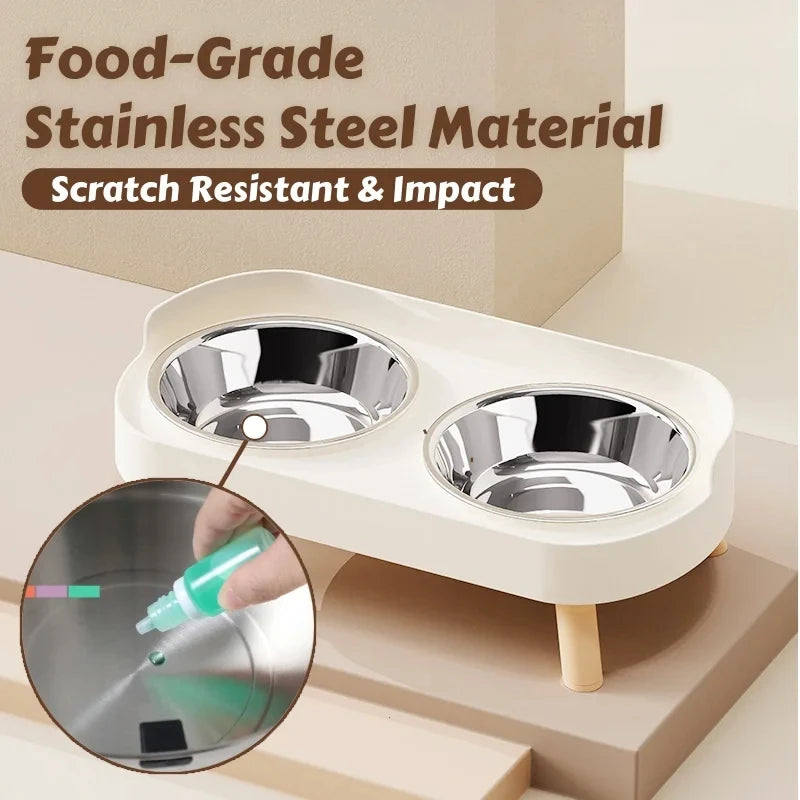 Elevated Double Pet Bowl Feeder | Raised Stainless Steel Bowls with Neck Support for Dogs & Cats