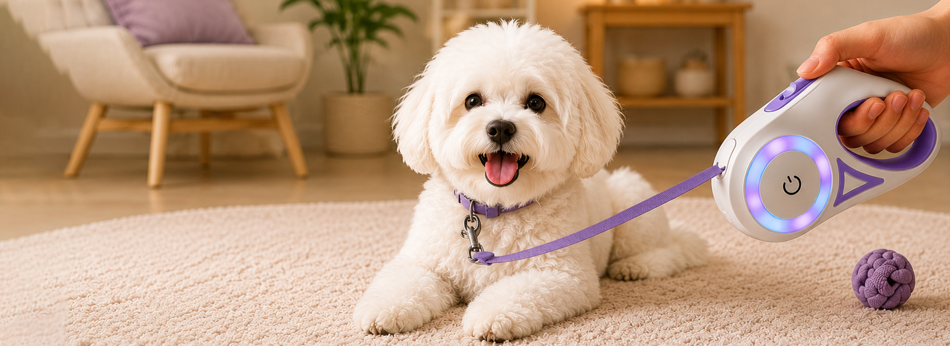 White dog on a leash with a glowing device, indoors.slider_item_JmQ7pb
